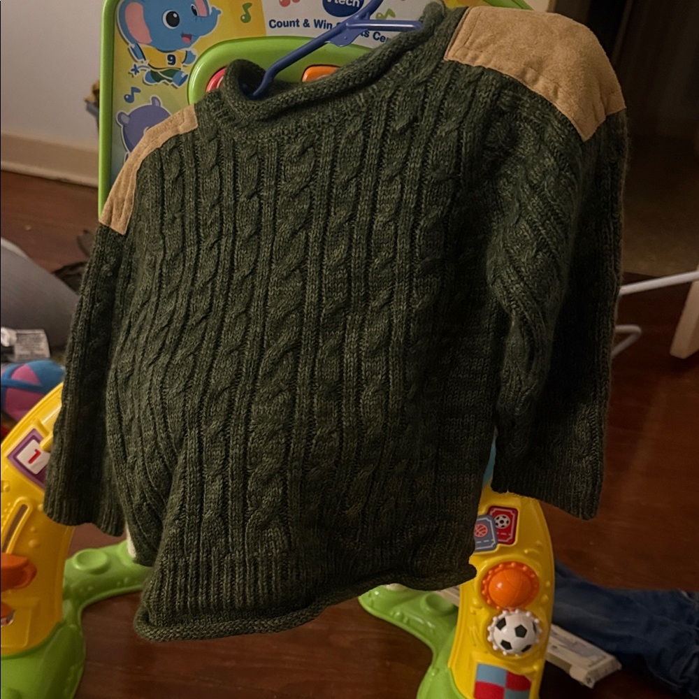 Starting Out Green Cable Knit Sweater with Tan Accents